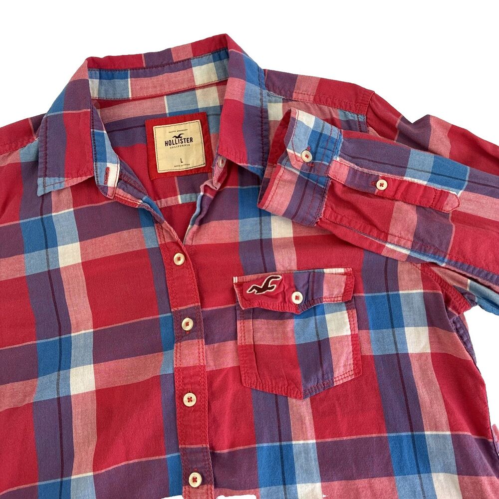 Women’s Hollister Y2K Button Up Red Plaid Long Sleeve Shirt Size Large